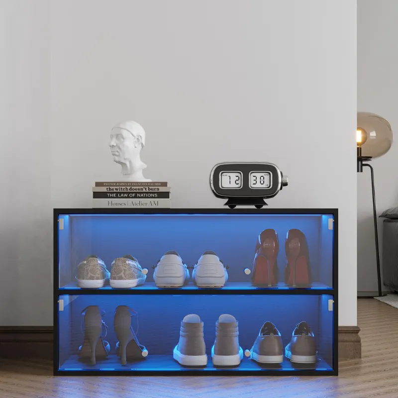 Black Glass Door Shoe Storage Cabinet with RGB LED Lights