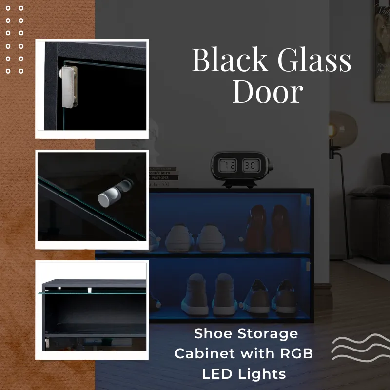Black Glass Door Shoe Storage Cabinet with RGB LED Lights