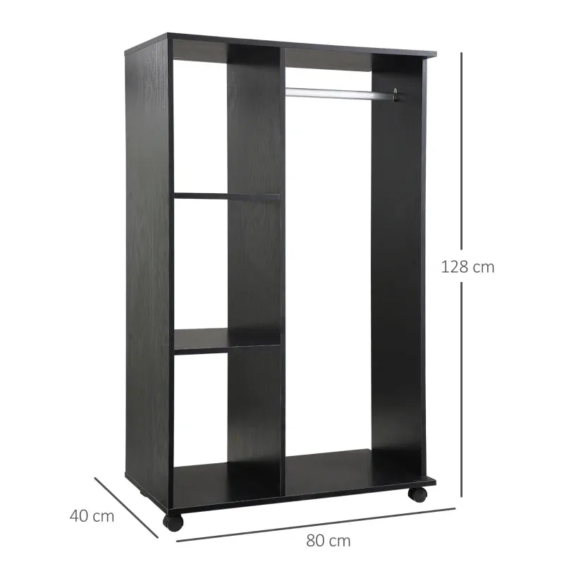 Black Mobile Wardrobe with Hanging Rod and Shelves