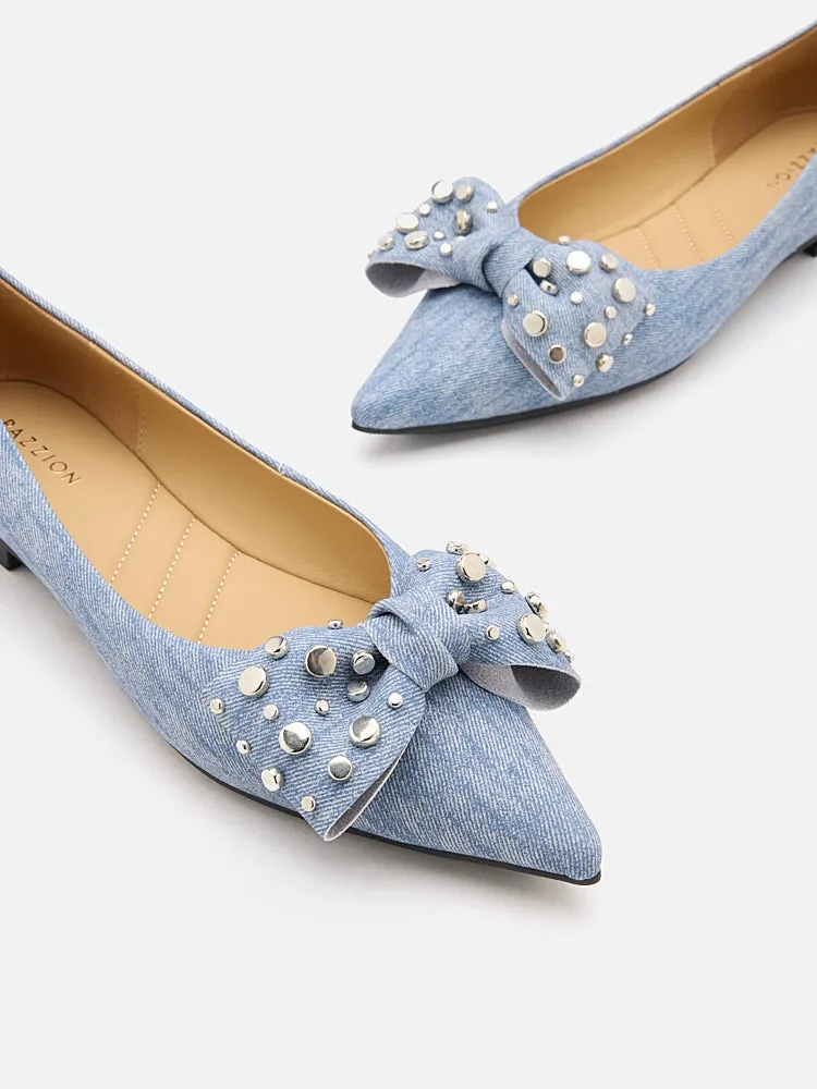 Cassie Denim Studded Bow Flats