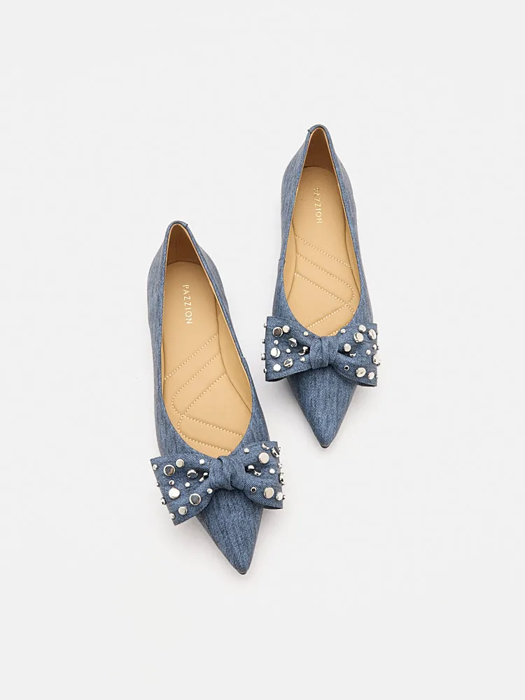 Cassie Denim Studded Bow Flats