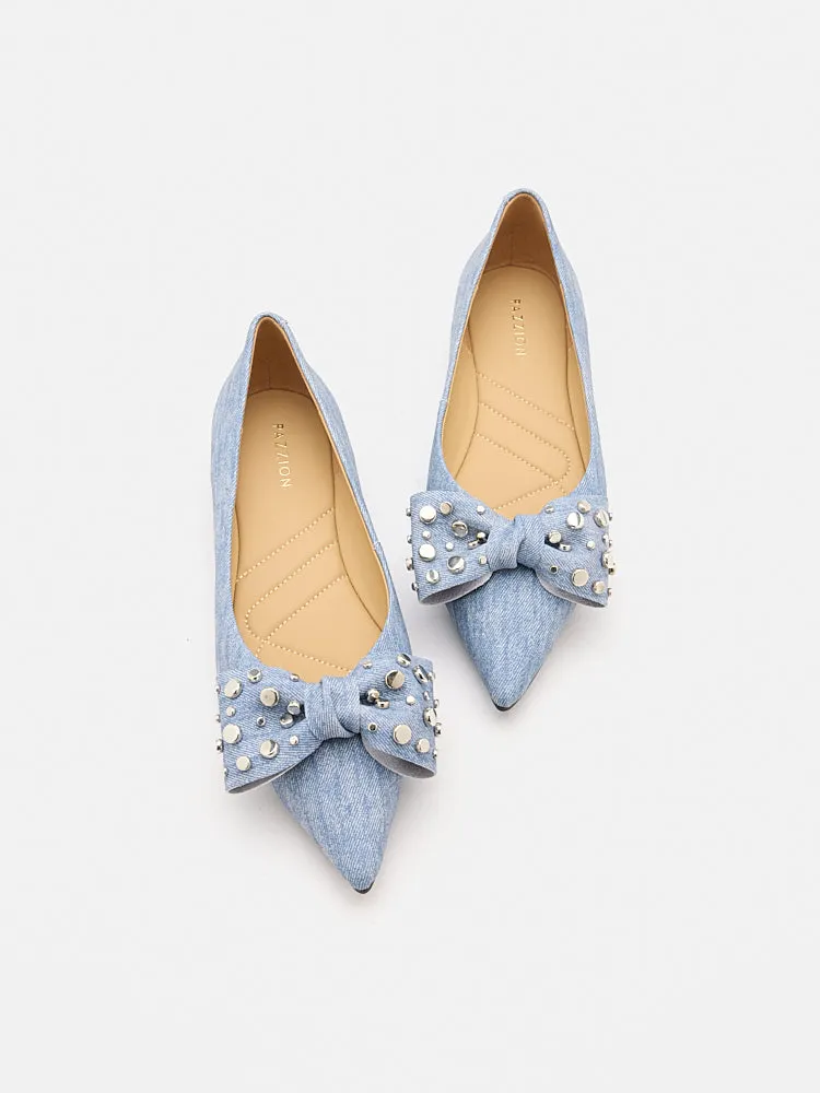 Cassie Denim Studded Bow Flats