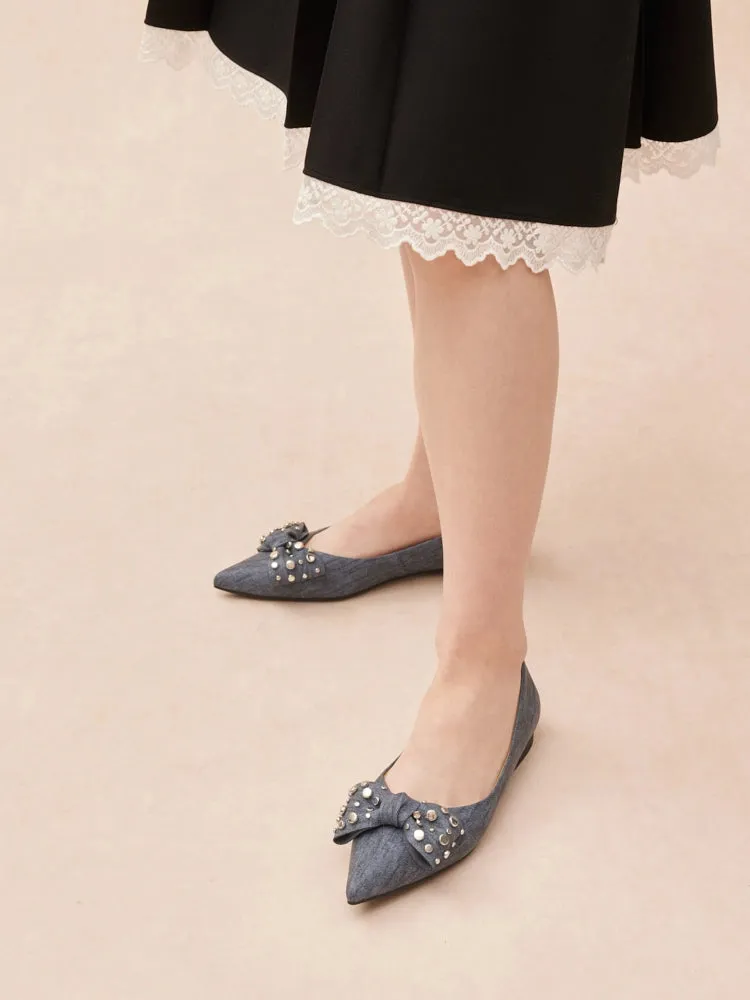 Cassie Denim Studded Bow Flats