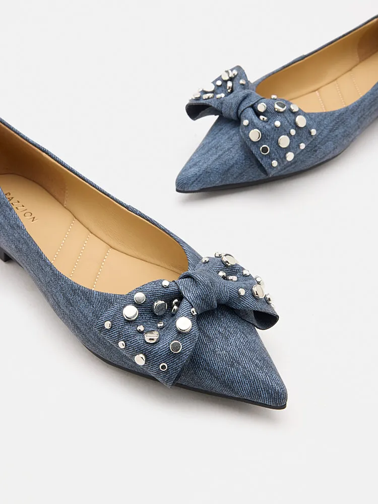 Cassie Denim Studded Bow Flats