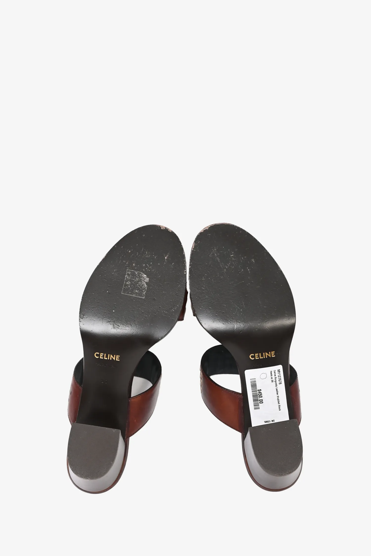 Celine Burgundy Leather Studded Block Heels Size 39