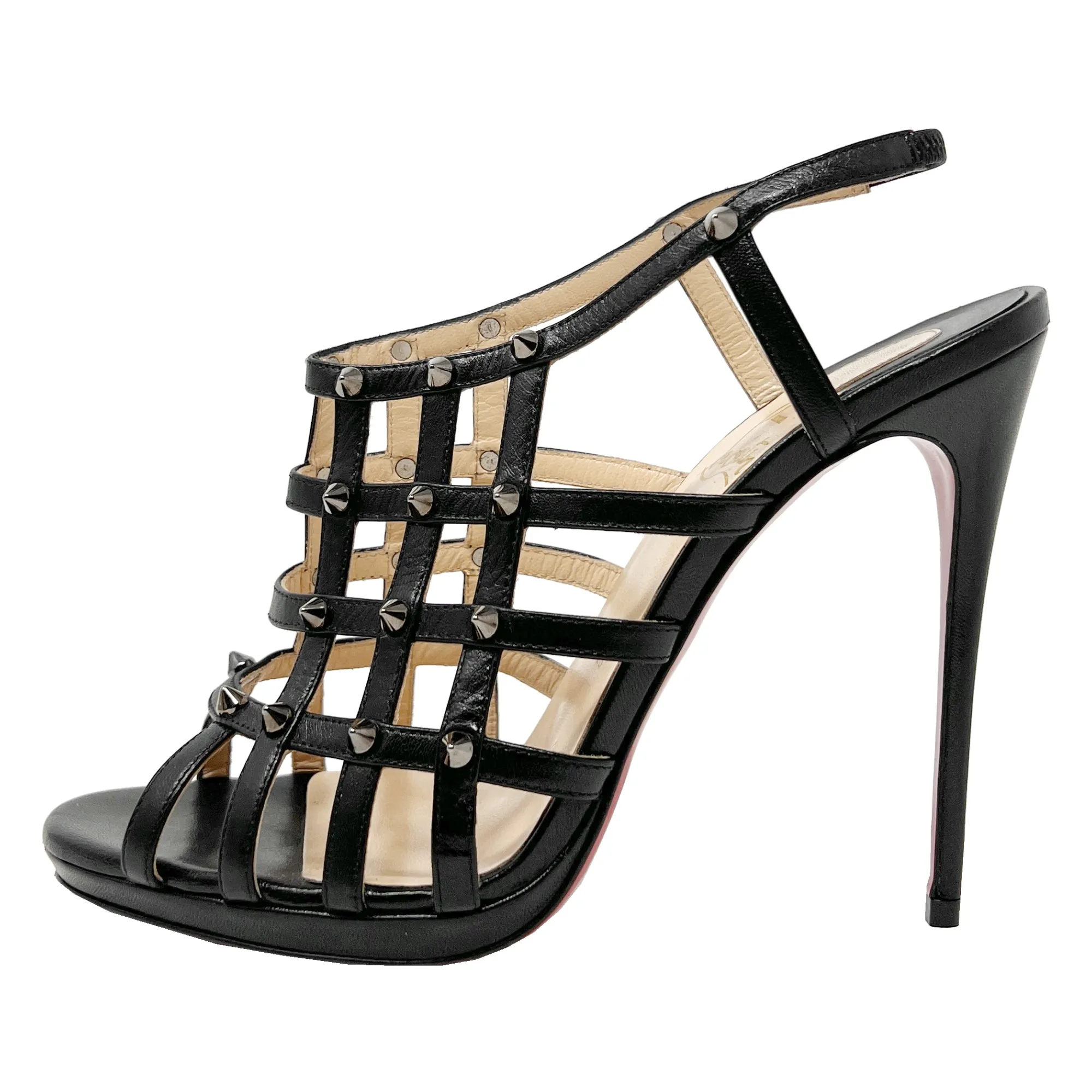 Christian Louboutin Guinievre Black Leather Strap Caged Studded Heels Sandals Size EU 38