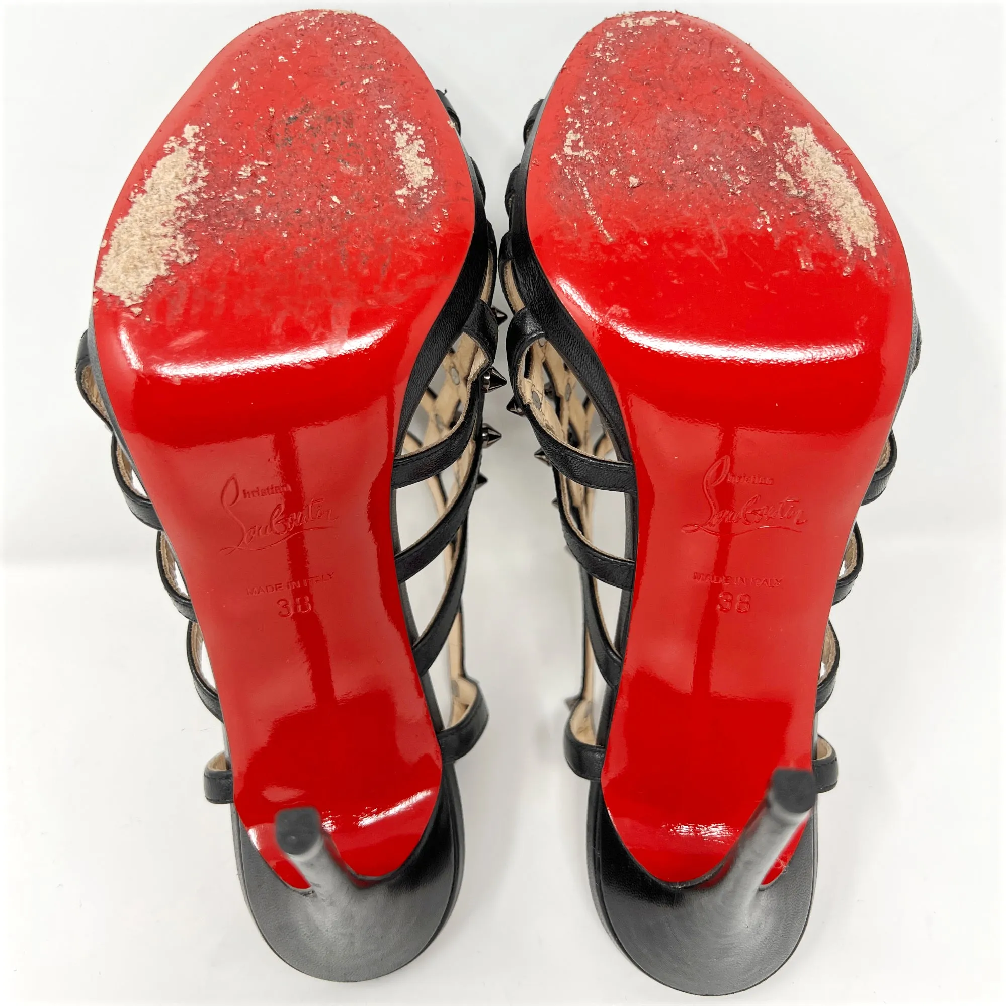 Christian Louboutin Guinievre Black Leather Strap Caged Studded Heels Sandals Size EU 38