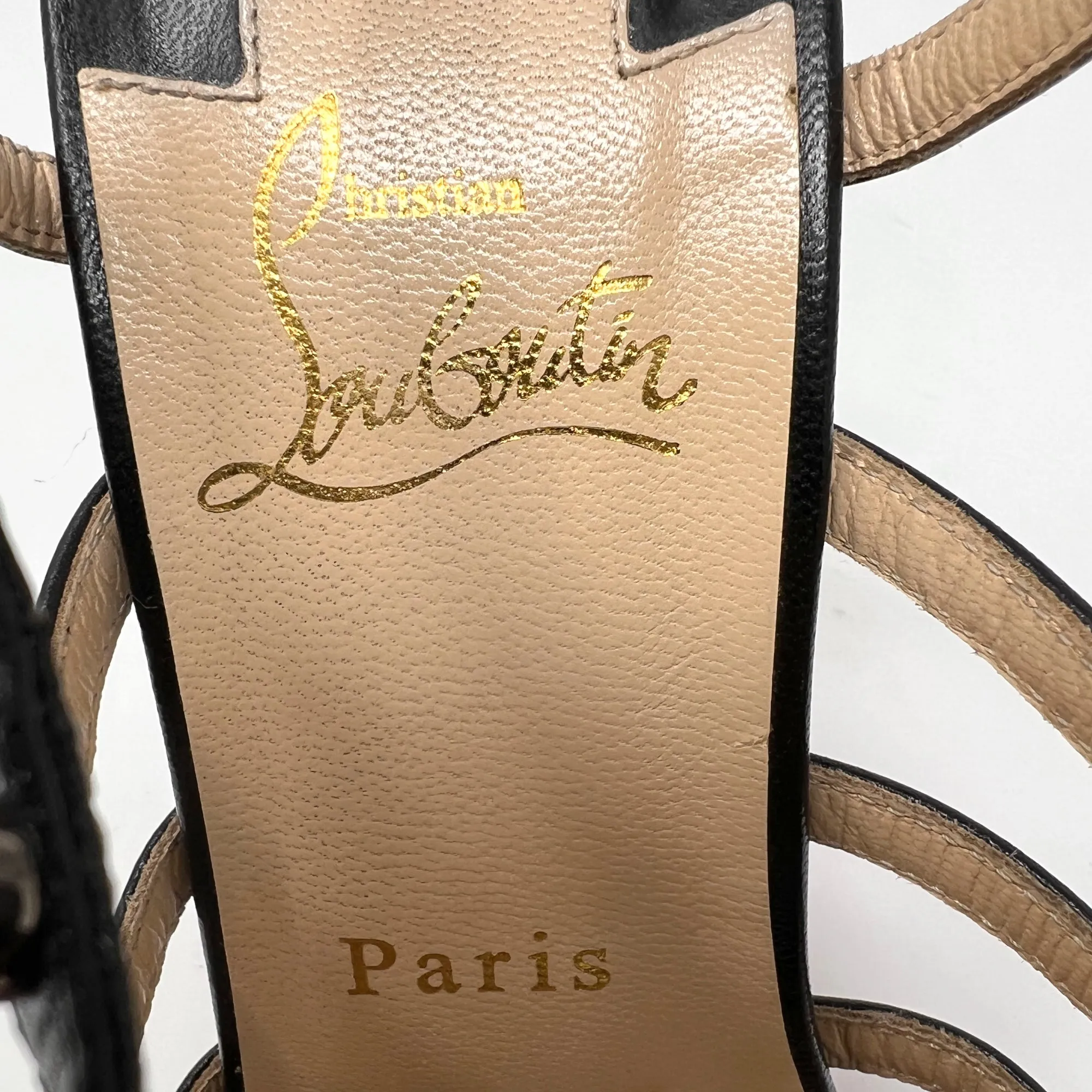 Christian Louboutin Guinievre Black Leather Strap Caged Studded Heels Sandals Size EU 38
