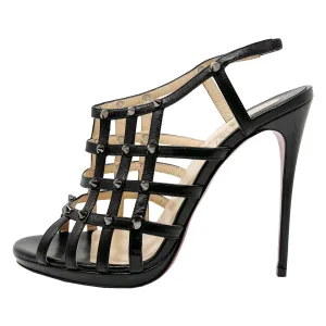 Christian Louboutin Guinievre Black Leather Strap Caged Studded Heels Sandals Size EU 38