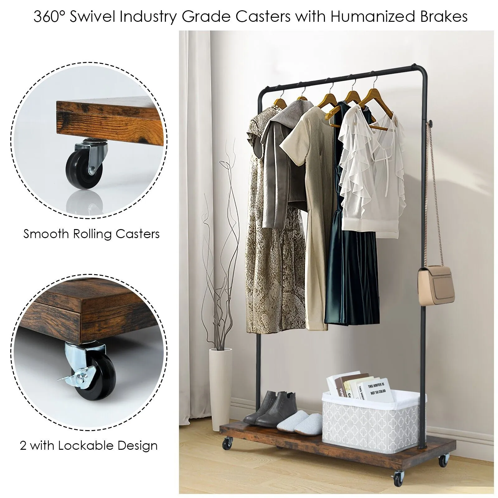 Clothes Rail Garment Rack with Wheels for Bedroom Hallway Shop
