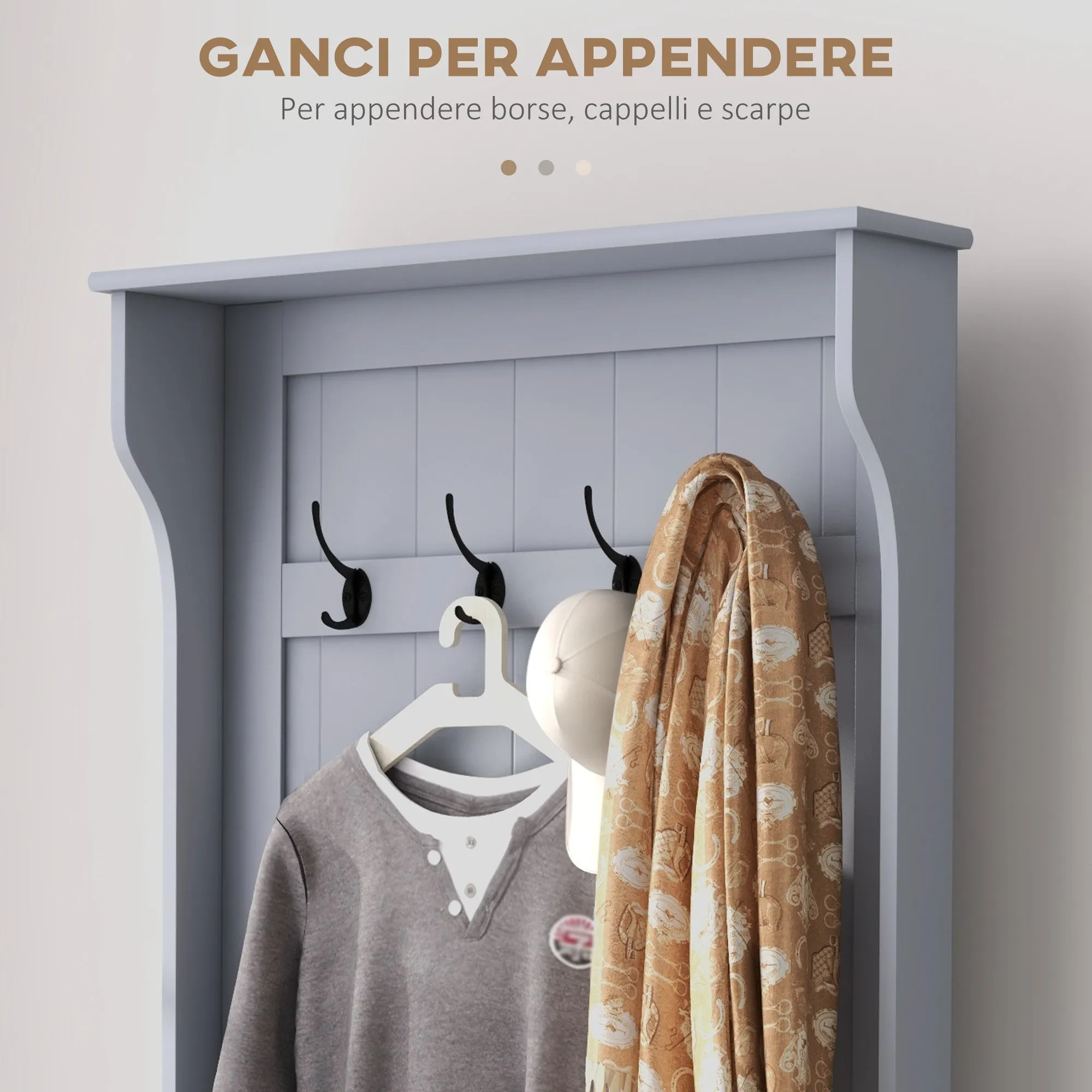 Coat Rack 3 in 1 with 4 Hooks and Storage Bench, Wooden, 71.5x39. 5x170 cm, Grey