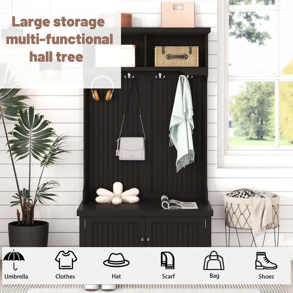 Coat Rack Storage Shoe Bench Hall Tree/ 4-in-1 Entryway Storage Cabinet with 4 Double Hooks & 2 Compartments for Living Room Hallway Mudroom