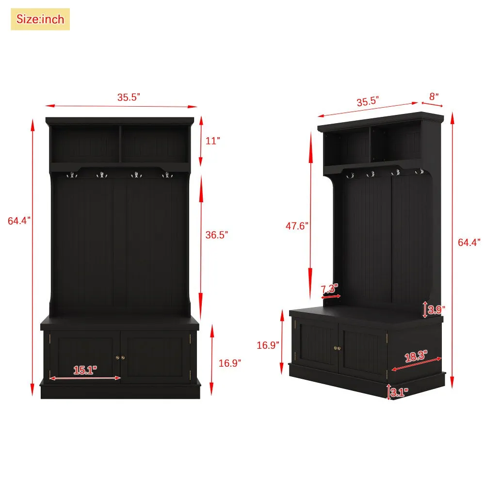 Coat Rack Storage Shoe Bench Hall Tree/ 4-in-1 Entryway Storage Cabinet with 4 Double Hooks & 2 Compartments for Living Room Hallway Mudroom