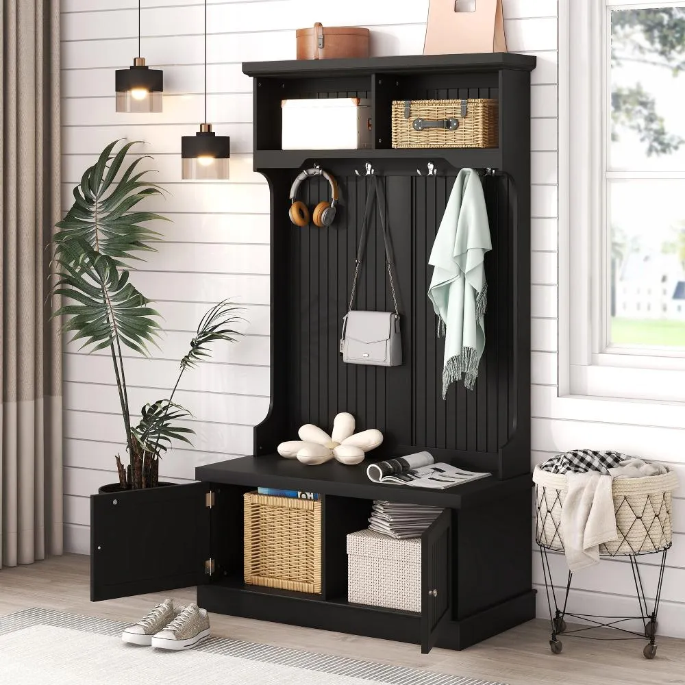 Coat Rack Storage Shoe Bench Hall Tree/ 4-in-1 Entryway Storage Cabinet with 4 Double Hooks & 2 Compartments for Living Room Hallway Mudroom