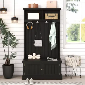 Coat Rack Storage Shoe Bench Hall Tree/ 4-in-1 Entryway Storage Cabinet with 4 Double Hooks & 2 Compartments for Living Room Hallway Mudroom