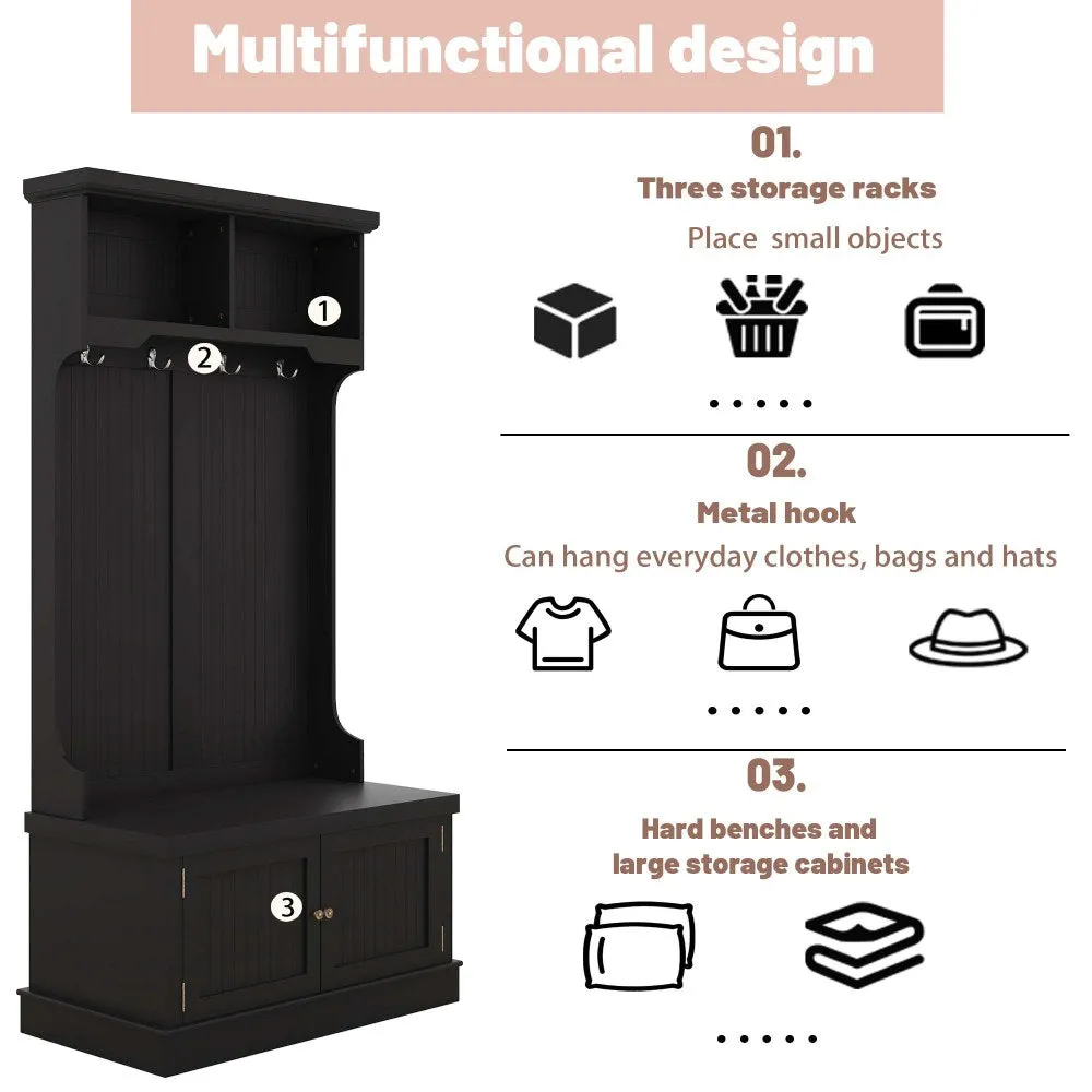 Coat Rack Storage Shoe Bench Hall Tree/ 4-in-1 Entryway Storage Cabinet with 4 Double Hooks & 2 Compartments for Living Room Hallway Mudroom