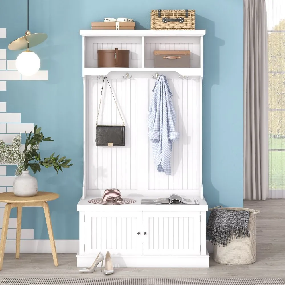 Coat Rack Storage Shoe Bench Hall Tree/ 4-in-1 Entryway Storage Cabinet with 4 Double Hooks & 2 Compartments for Living Room Hallway Mudroom