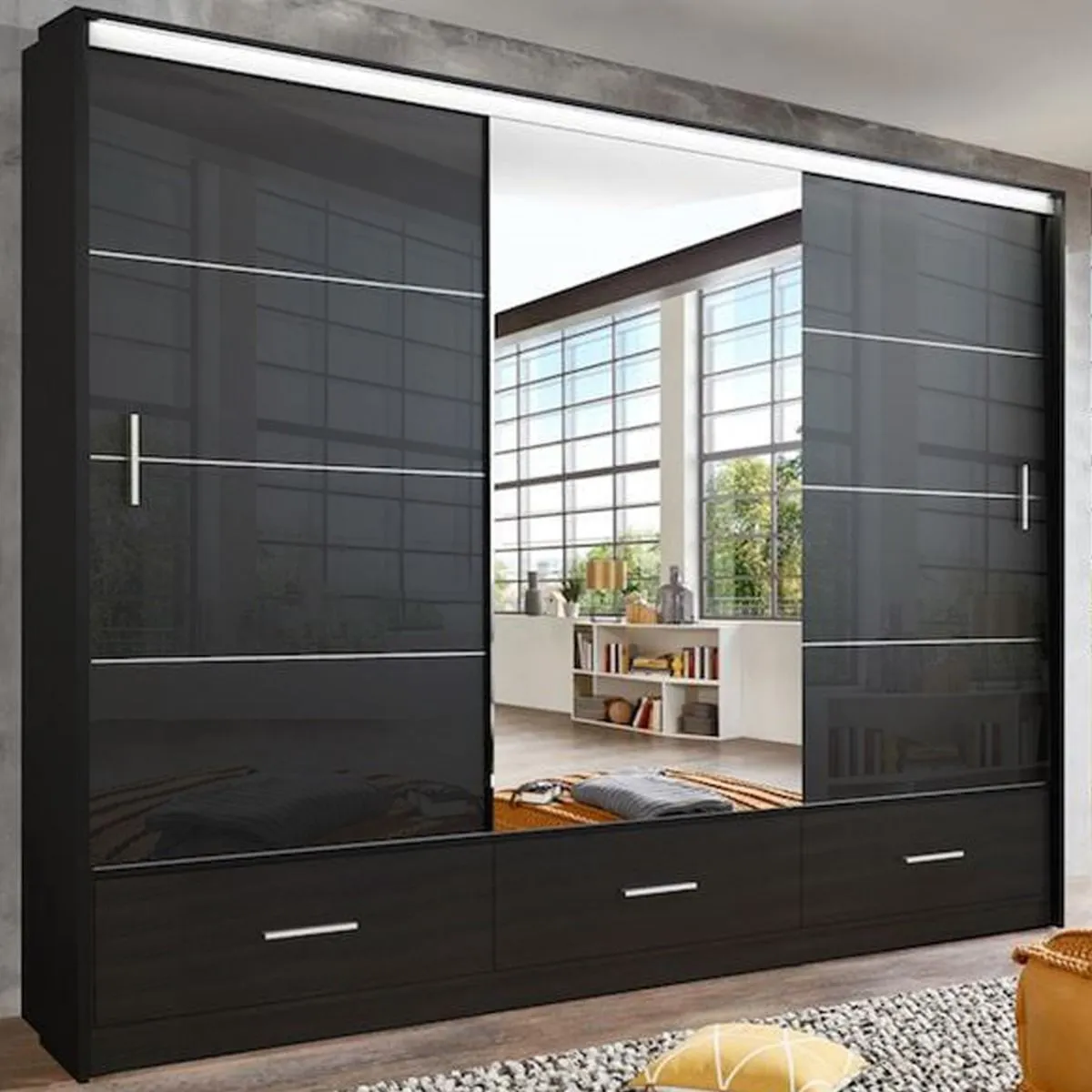 Cornelia 250cm Large High Gloss Sliding Wardrobe -Grey, White, Black
