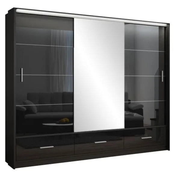 Cornelia 250cm Large High Gloss Sliding Wardrobe -Grey, White, Black