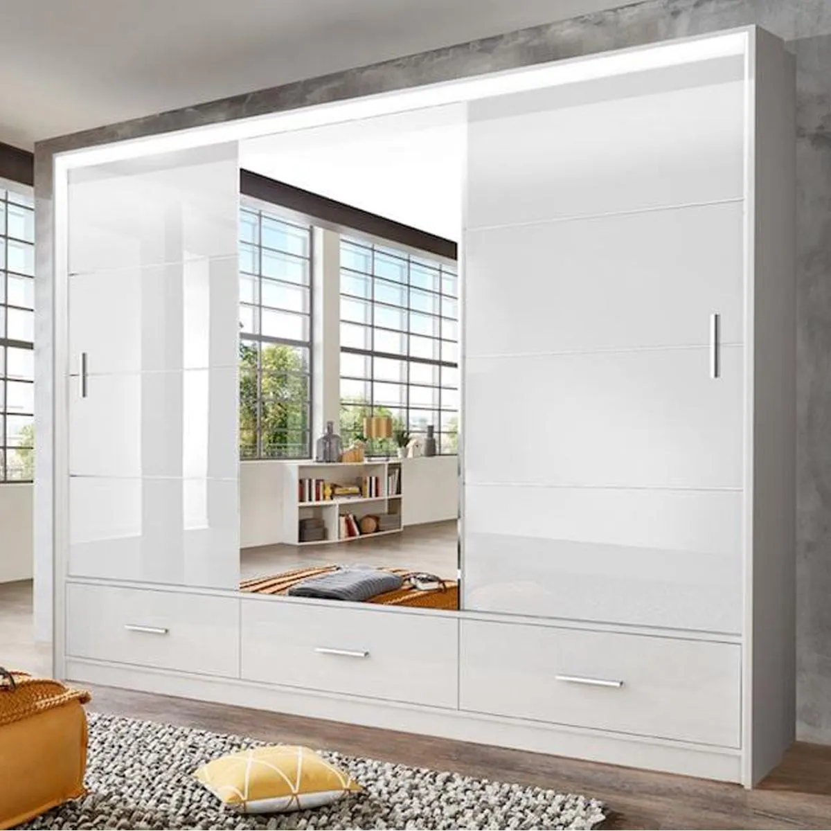 Cornelia 250cm Large High Gloss Sliding Wardrobe -Grey, White, Black