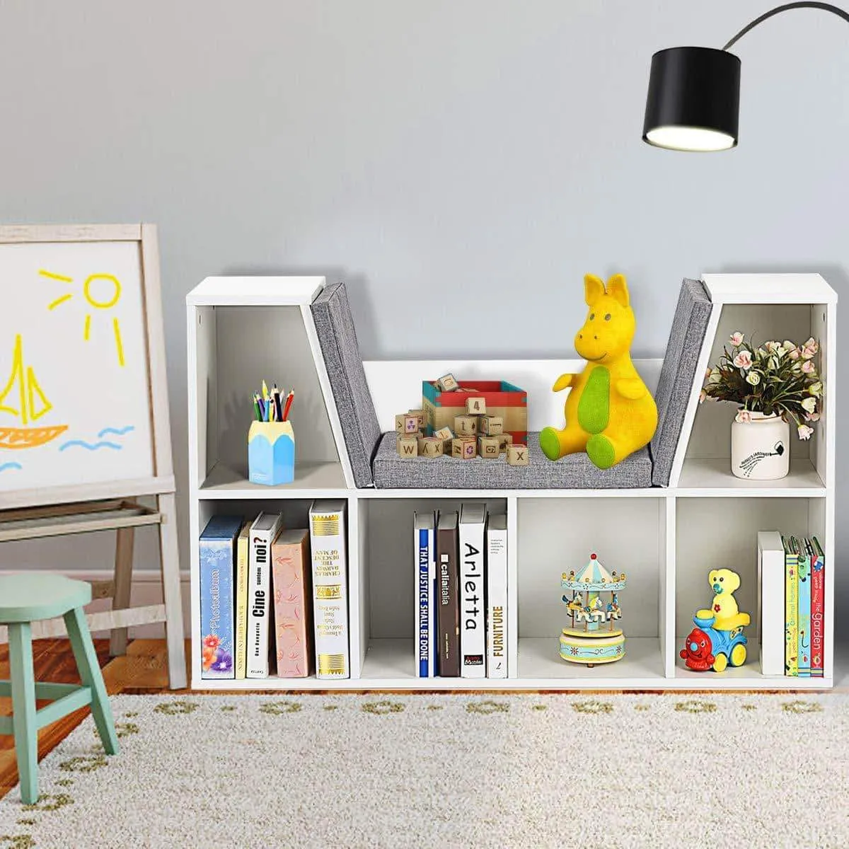 Costzon 6-Cubby Kids Bookcase w/Cushioned Reading Nook, Multi-Purpose Storage Organizer Cabinet Shelf for Children Girls & Boys Bedroom Decor Room (White)