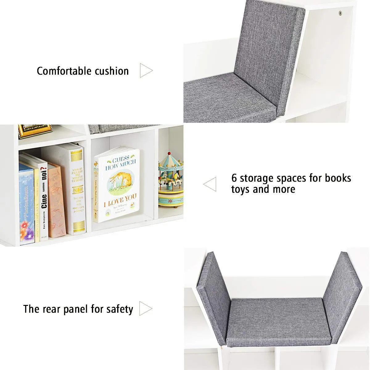 Costzon 6-Cubby Kids Bookcase w/Cushioned Reading Nook, Multi-Purpose Storage Organizer Cabinet Shelf for Children Girls & Boys Bedroom Decor Room (White)