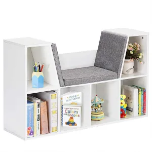 Costzon 6-Cubby Kids Bookcase w/Cushioned Reading Nook, Multi-Purpose Storage Organizer Cabinet Shelf for Children Girls & Boys Bedroom Decor Room (White)