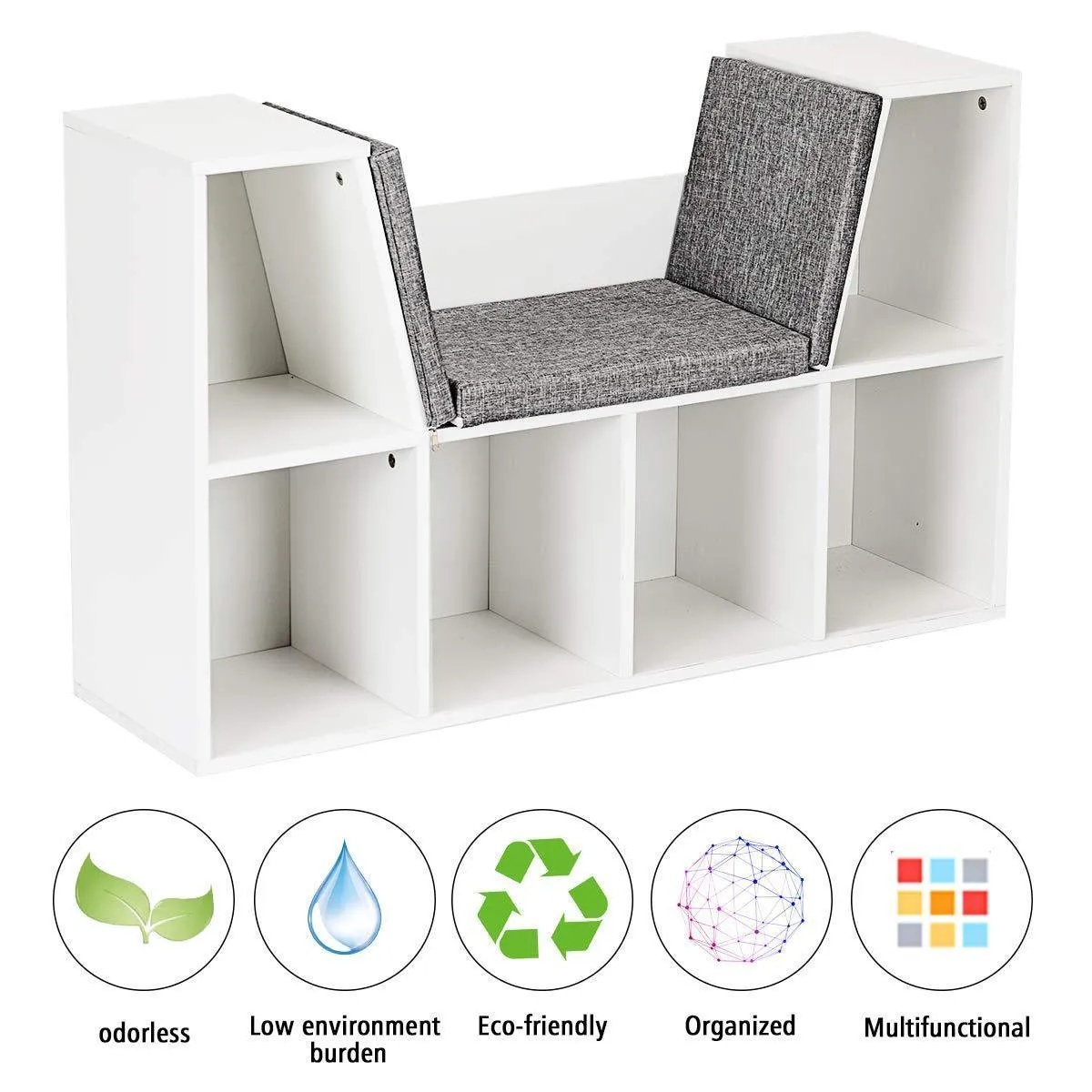 Costzon 6-Cubby Kids Bookcase w/Cushioned Reading Nook, Multi-Purpose Storage Organizer Cabinet Shelf for Children Girls & Boys Bedroom Decor Room (White)