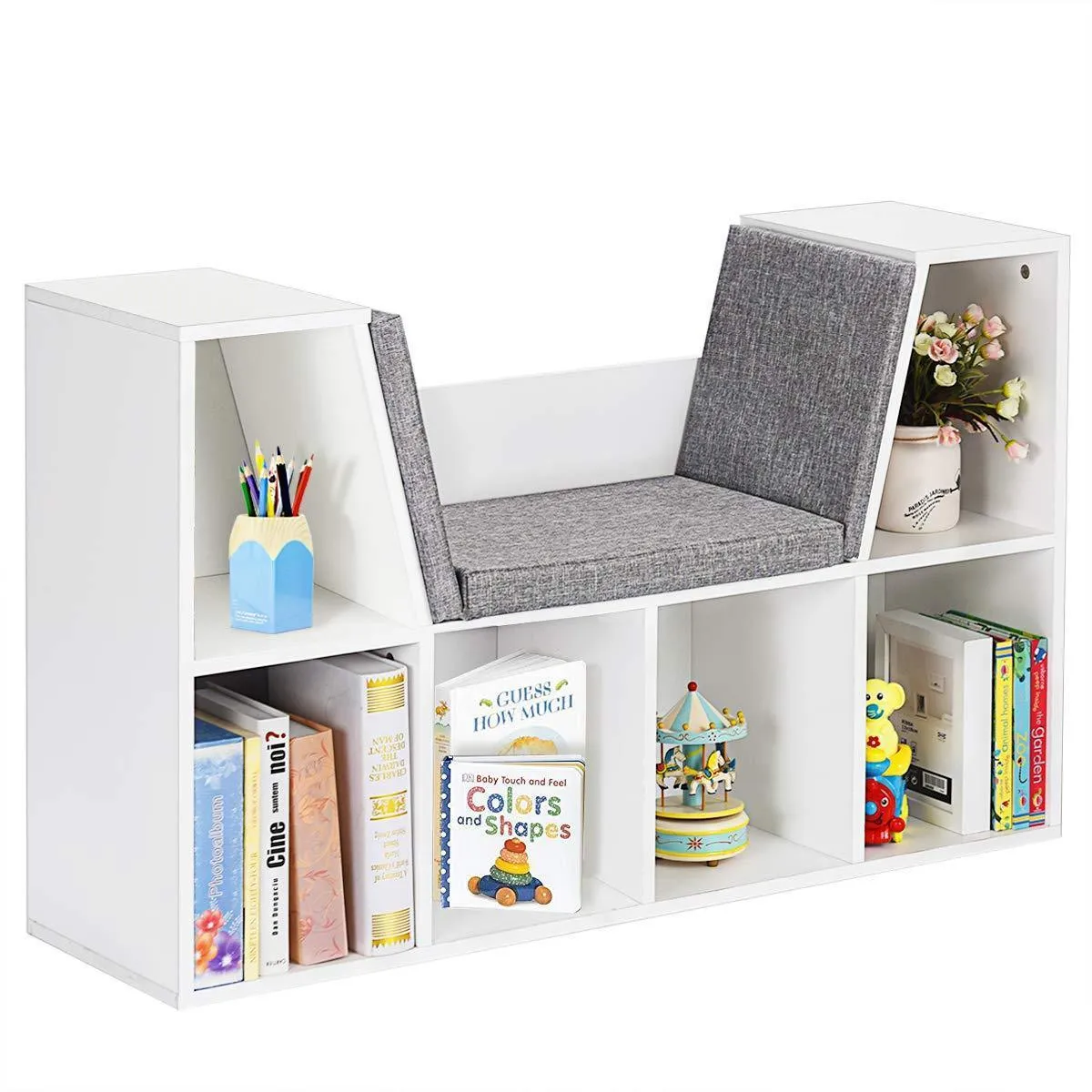 Costzon 6-Cubby Kids Bookcase w/Cushioned Reading Nook, Multi-Purpose Storage Organizer Cabinet Shelf for Children Girls & Boys Bedroom Decor Room (White)
