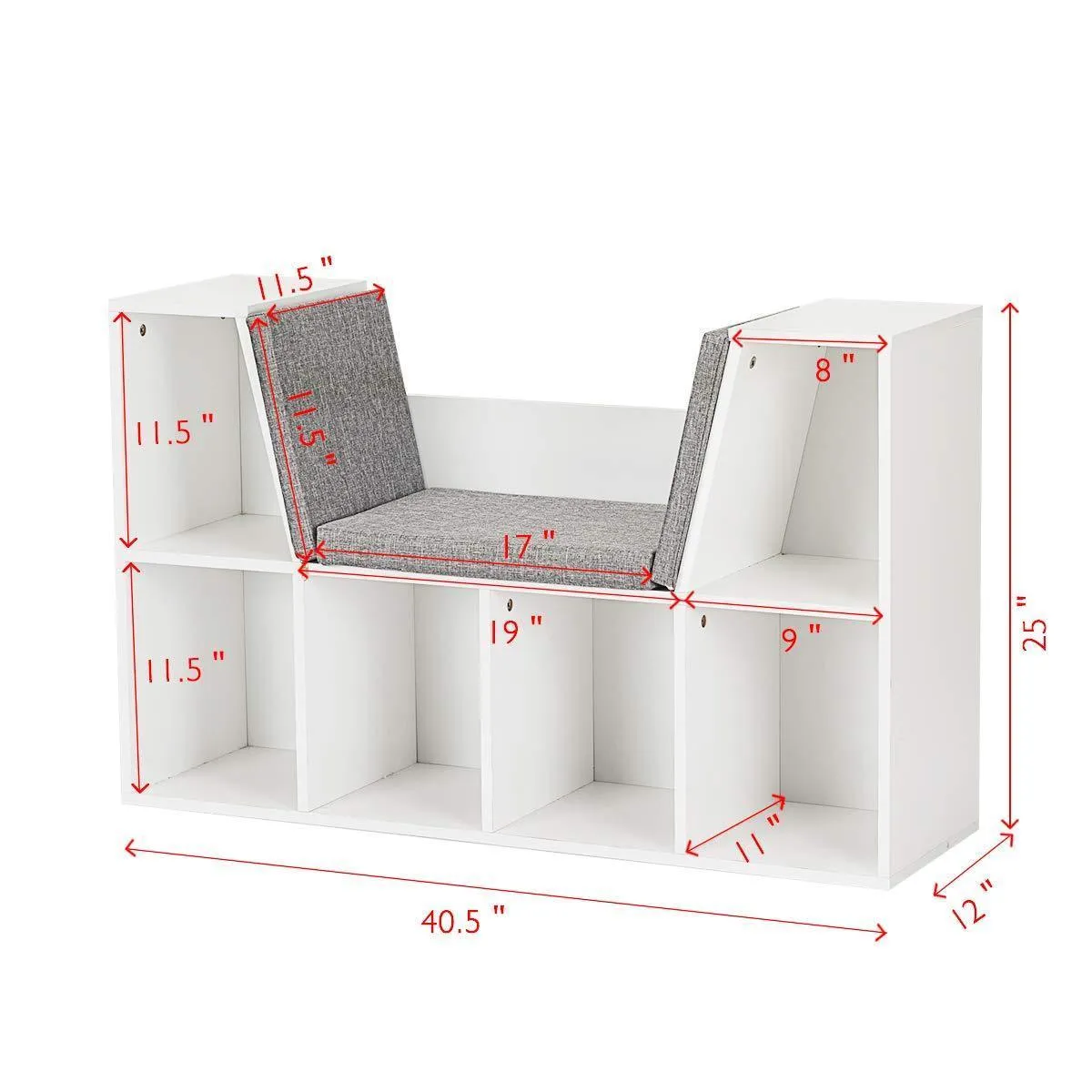Costzon 6-Cubby Kids Bookcase w/Cushioned Reading Nook, Multi-Purpose Storage Organizer Cabinet Shelf for Children Girls & Boys Bedroom Decor Room (White)