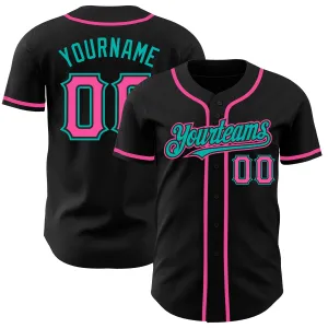 Custom Black Pink-Aqua Authentic Baseball Jersey