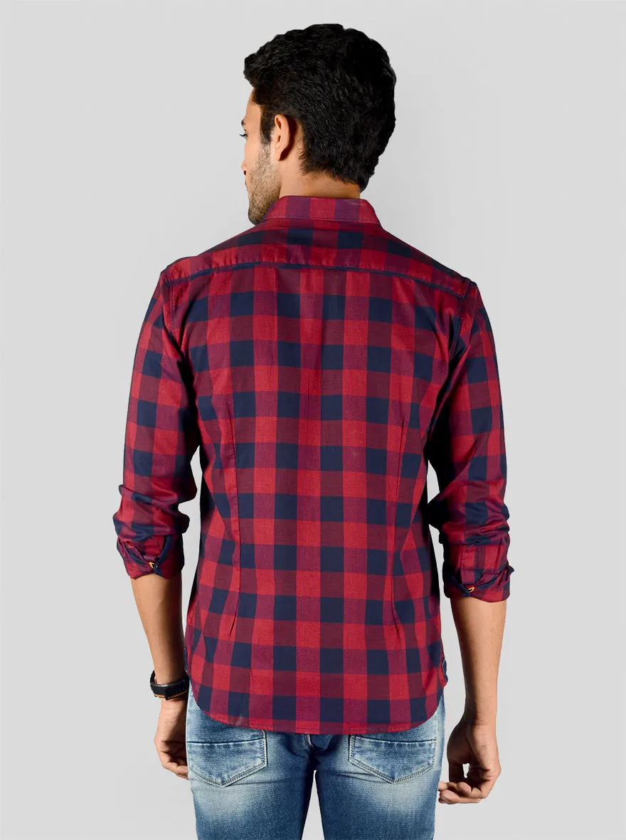 Dark Red & Navy Blue Checked Slim Fit Casual Shirt | JadeBlue