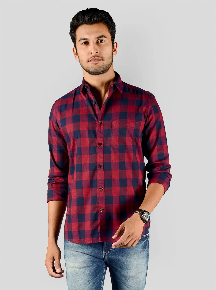 Dark Red & Navy Blue Checked Slim Fit Casual Shirt | JadeBlue