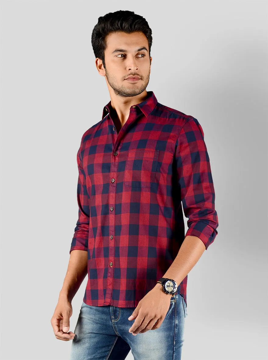 Dark Red & Navy Blue Checked Slim Fit Casual Shirt | JadeBlue