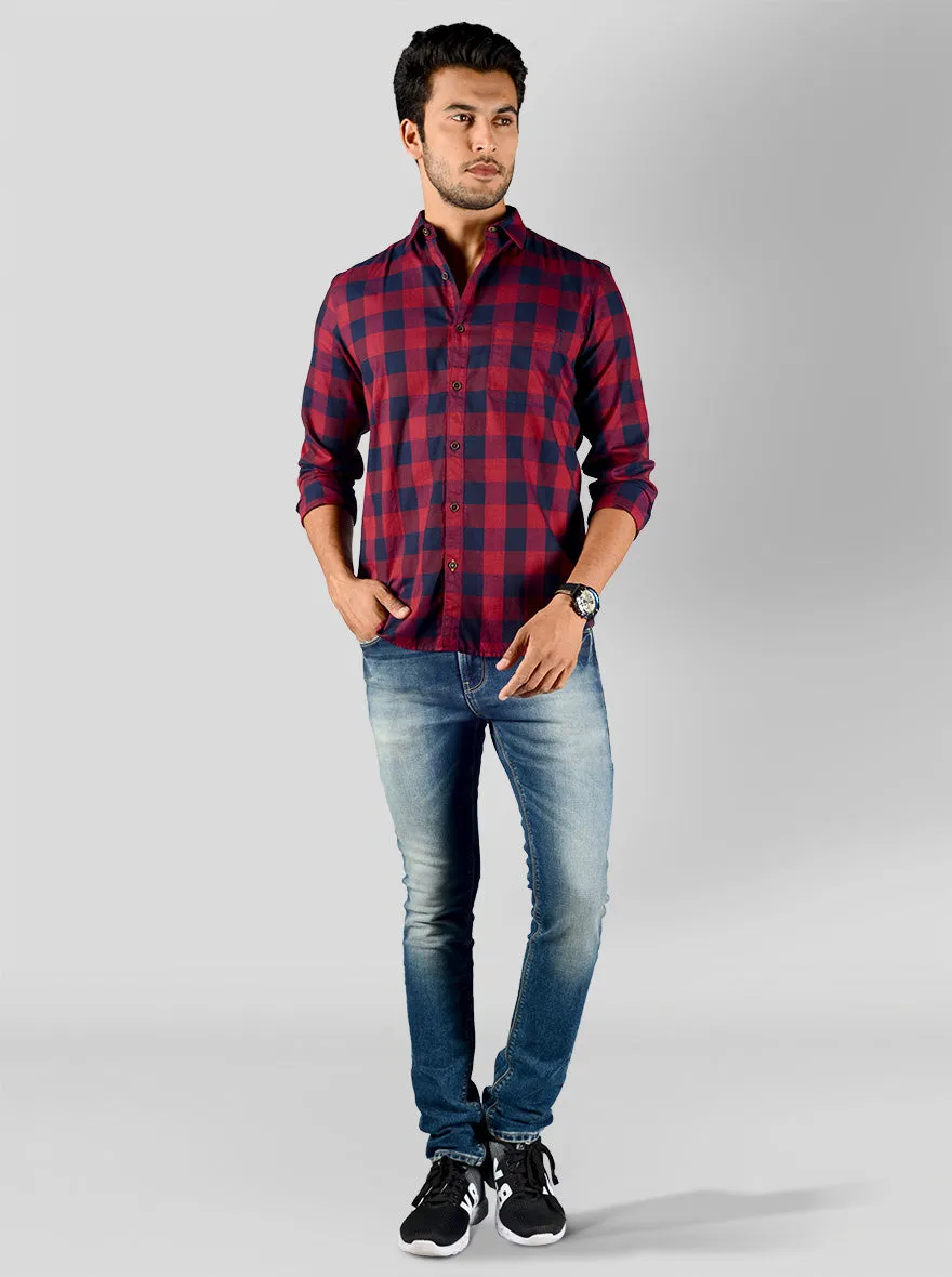 Dark Red & Navy Blue Checked Slim Fit Casual Shirt | JadeBlue