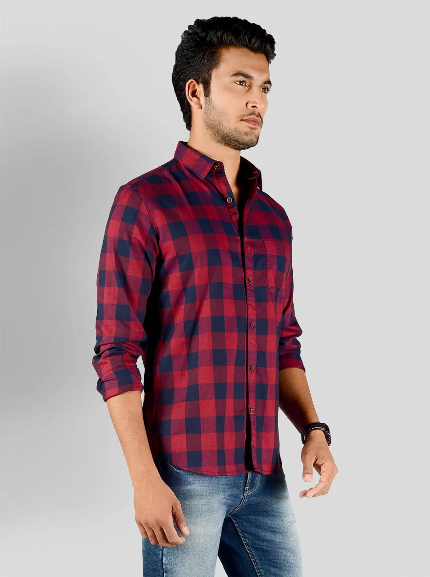Dark Red & Navy Blue Checked Slim Fit Casual Shirt | JadeBlue
