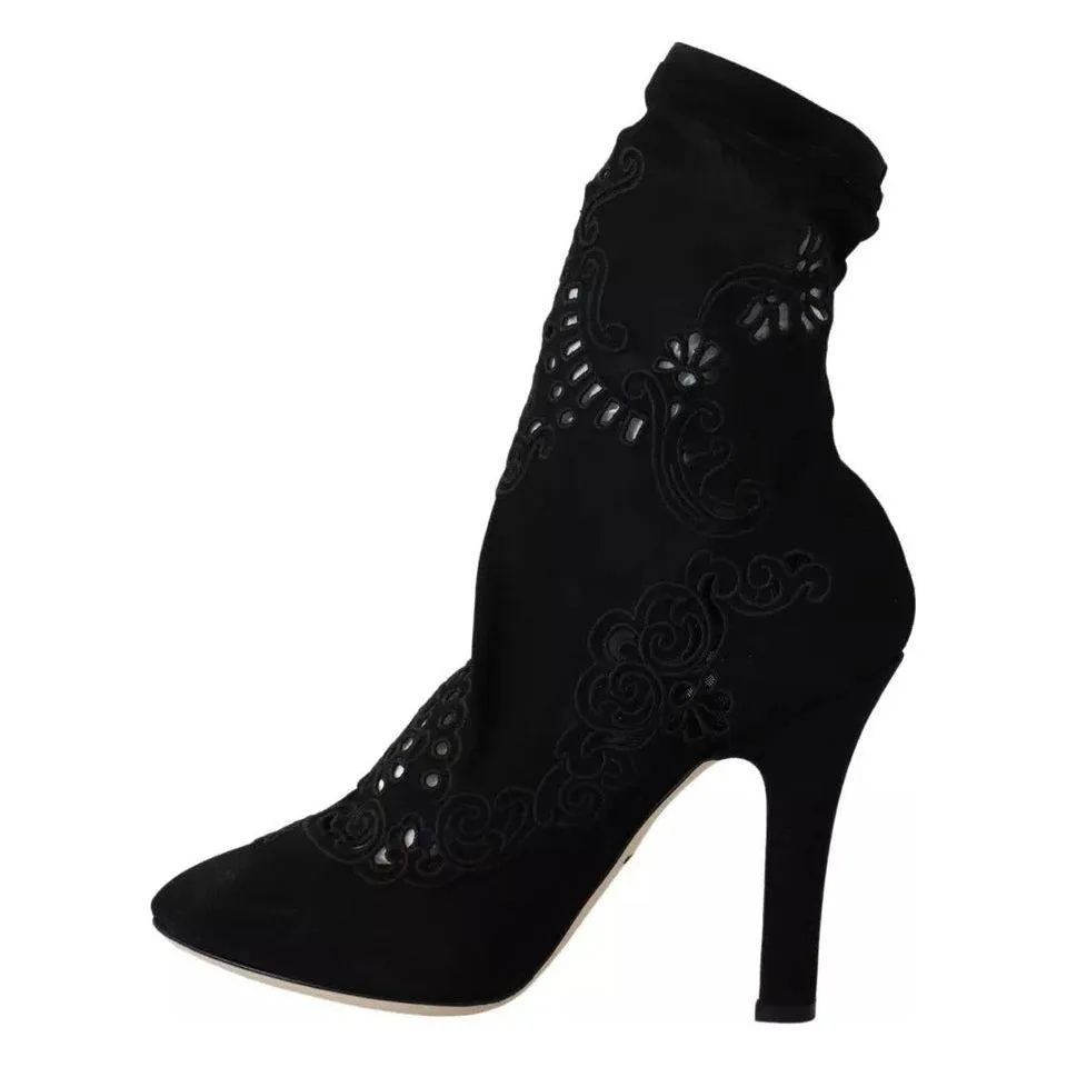 Dolce & Gabbana Black Stretch Pumps Boots Floral Lace Shoes