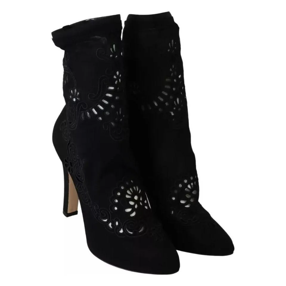 Dolce & Gabbana Black Stretch Pumps Boots Floral Lace Shoes