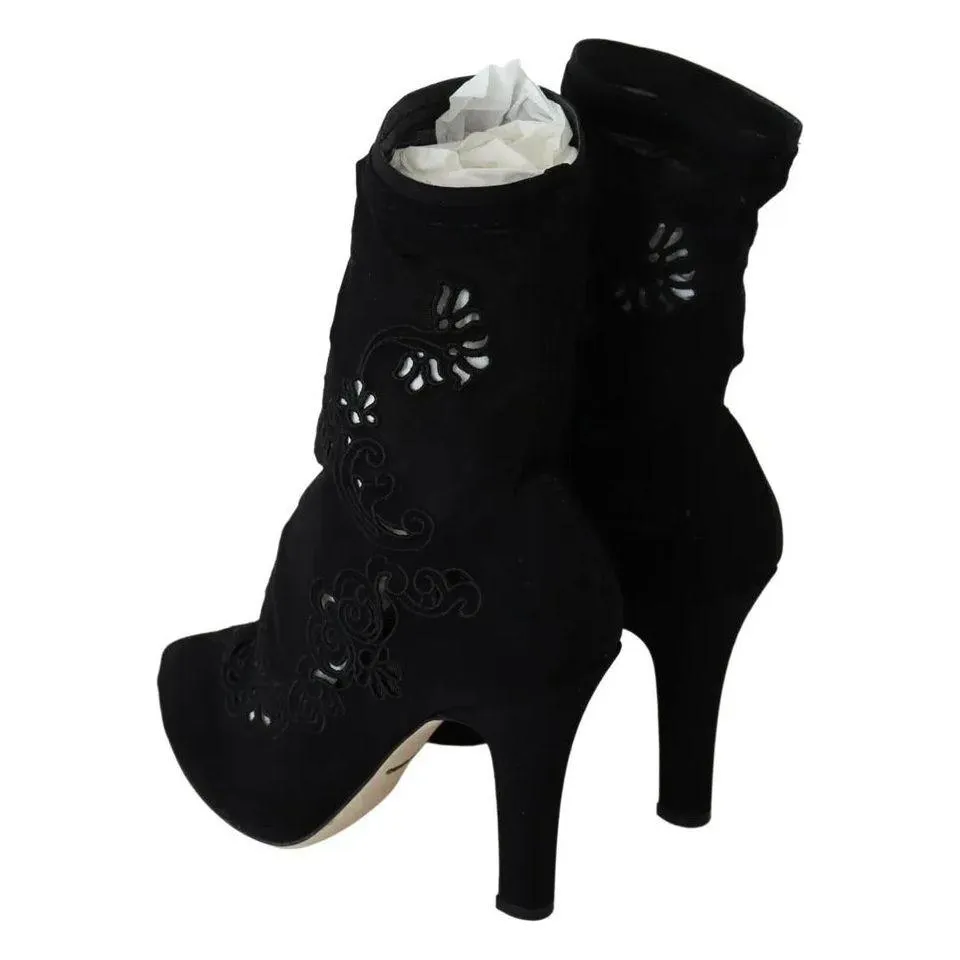 Dolce & Gabbana Black Stretch Pumps Boots Floral Lace Shoes