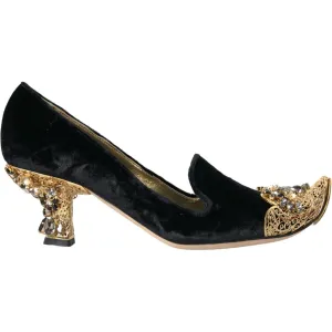 Dolce & Gabbana Black Velvet Embellished Heels Pumps Shoes
