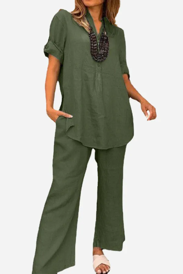 Dressed-up Casual: Short-Sleeved V-neck Top & Wide Trouser Suit