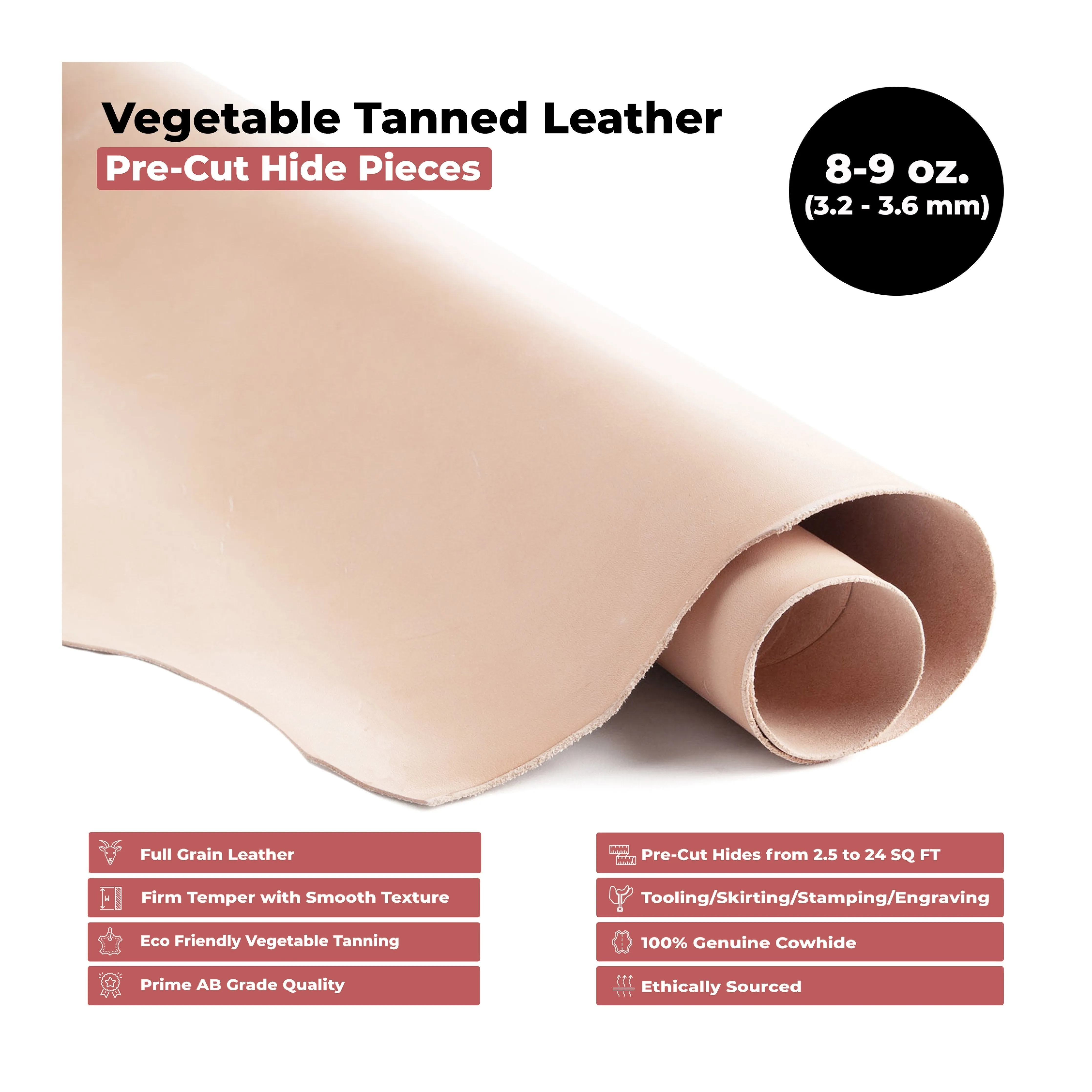 ELW Vegetable Tanned Leather 8-9 Oz. (3.2-3.6mm) Thickness | Pre-Cut Sizes 6" to 48" | Tooling Leather Cowhide - Full Grain Leather