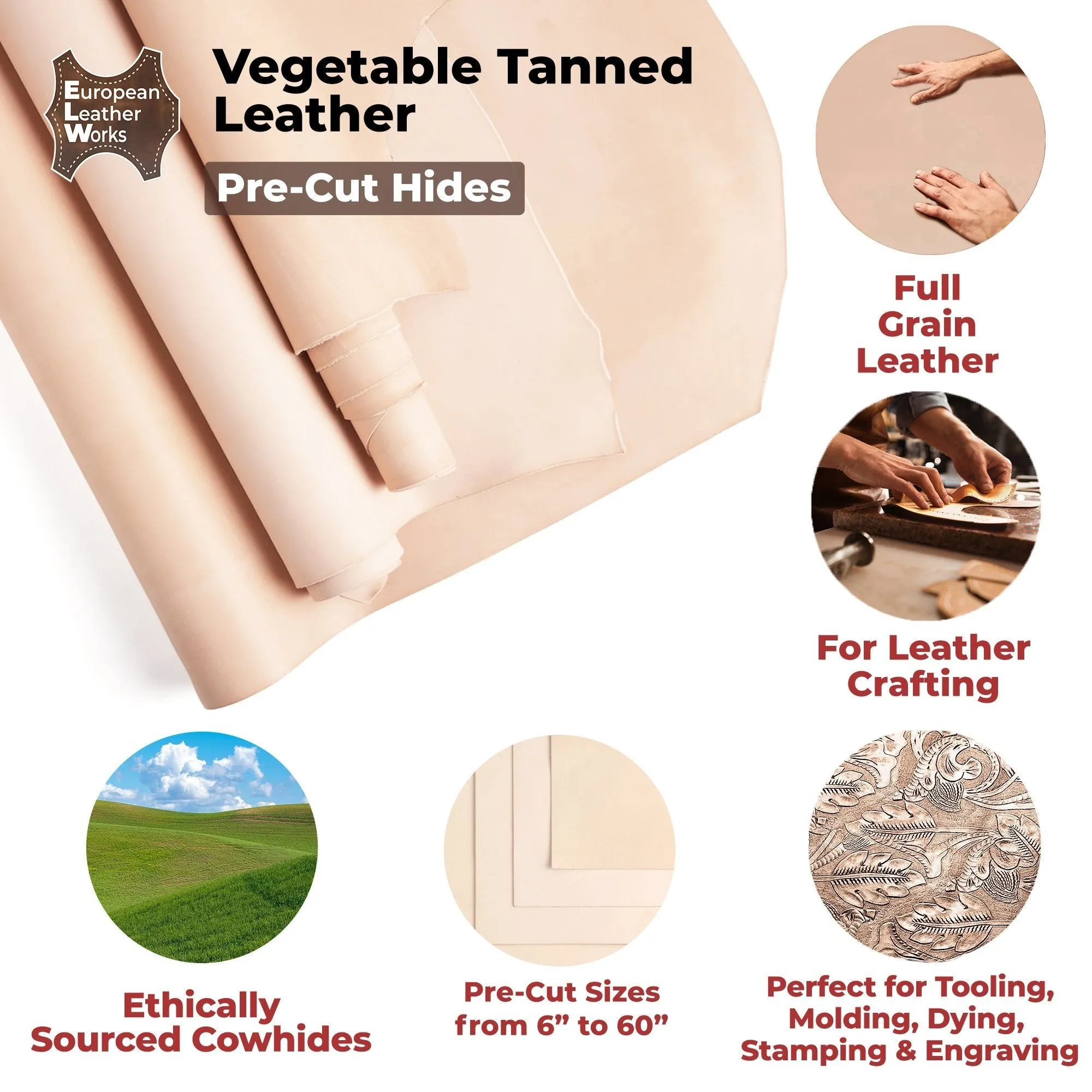 ELW Vegetable Tanned Leather 8-9 Oz. (3.2-3.6mm) Thickness | Pre-Cut Sizes 6" to 48" | Tooling Leather Cowhide - Full Grain Leather