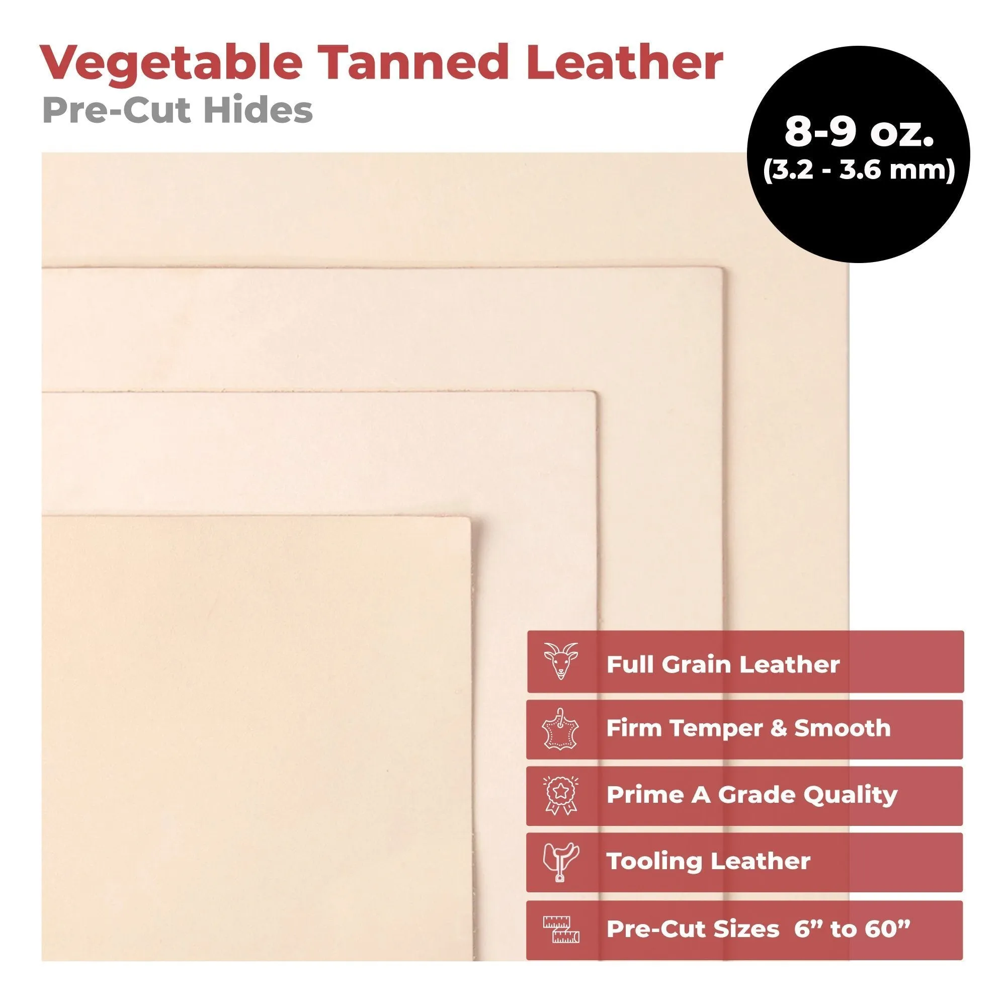 ELW Vegetable Tanned Leather 8-9 Oz. (3.2-3.6mm) Thickness | Pre-Cut Sizes 6" to 48" | Tooling Leather Cowhide - Full Grain Leather