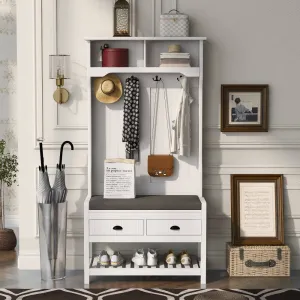 Entryway Hall Tree with Coat Rack & Shoe Bench / 3-in-1 Storage Bench with 2 Drawers, 4 Hooks & Shoe Storage Shelves