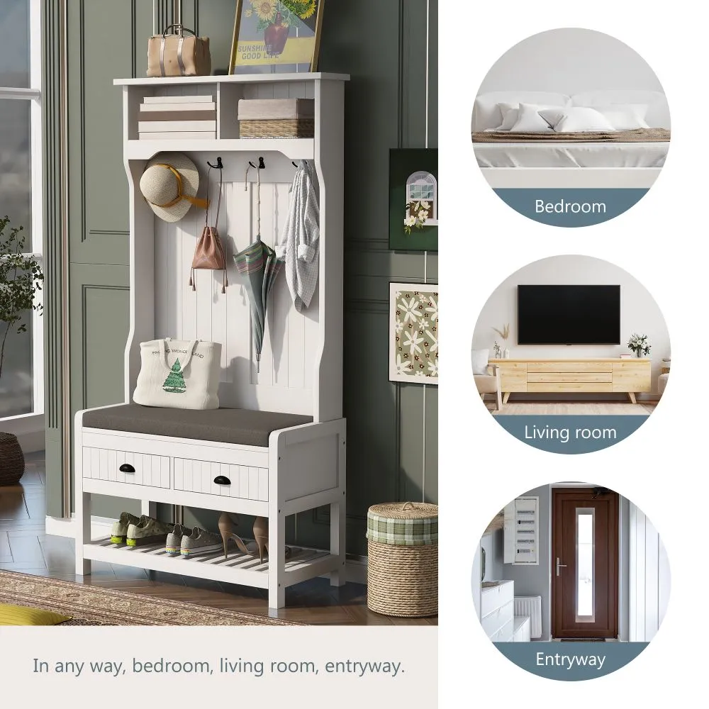 Entryway Hall Tree with Coat Rack & Shoe Bench / 3-in-1 Storage Bench with 2 Drawers, 4 Hooks & Shoe Storage Shelves