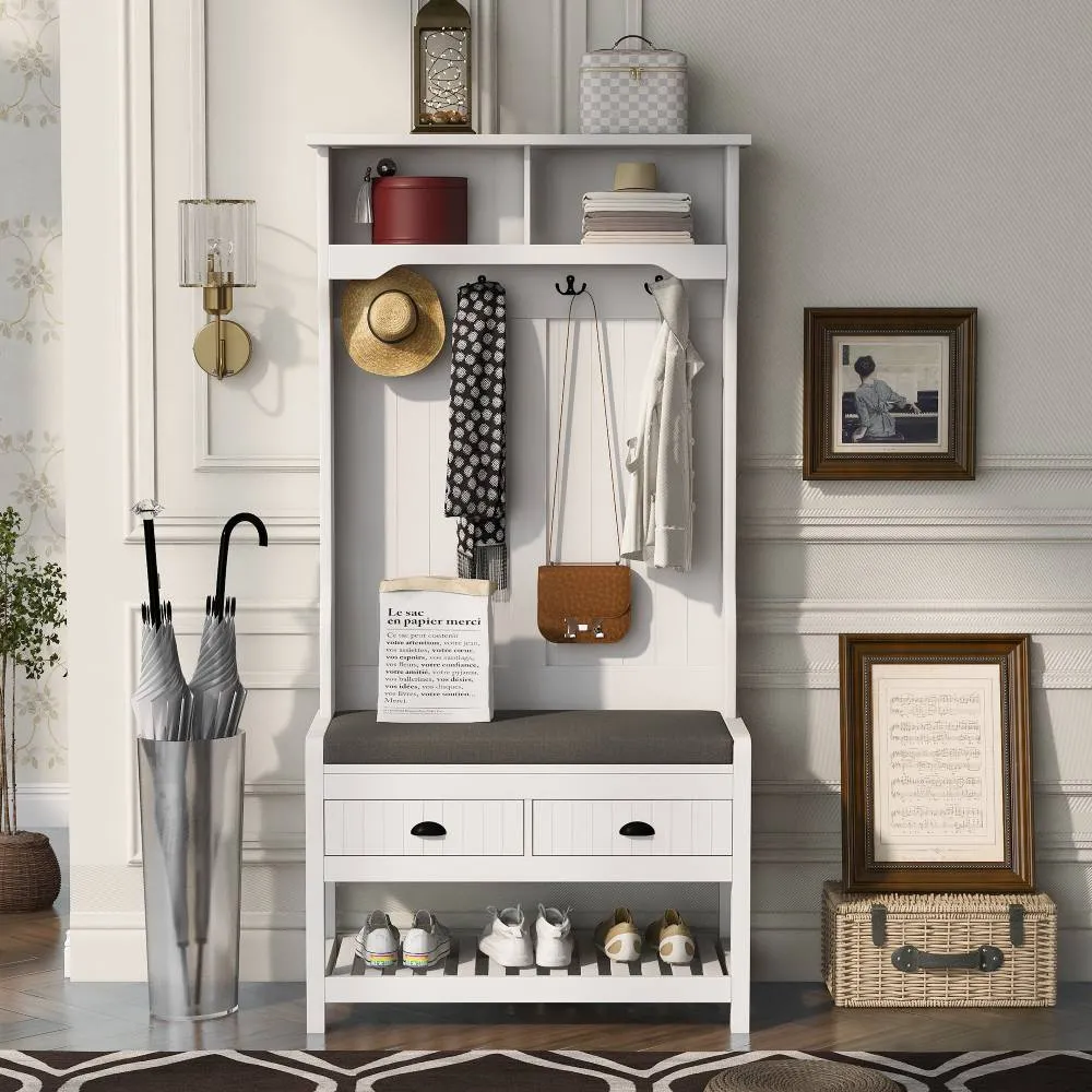Entryway Hall Tree with Coat Rack & Shoe Bench / 3-in-1 Storage Bench with 2 Drawers, 4 Hooks & Shoe Storage Shelves