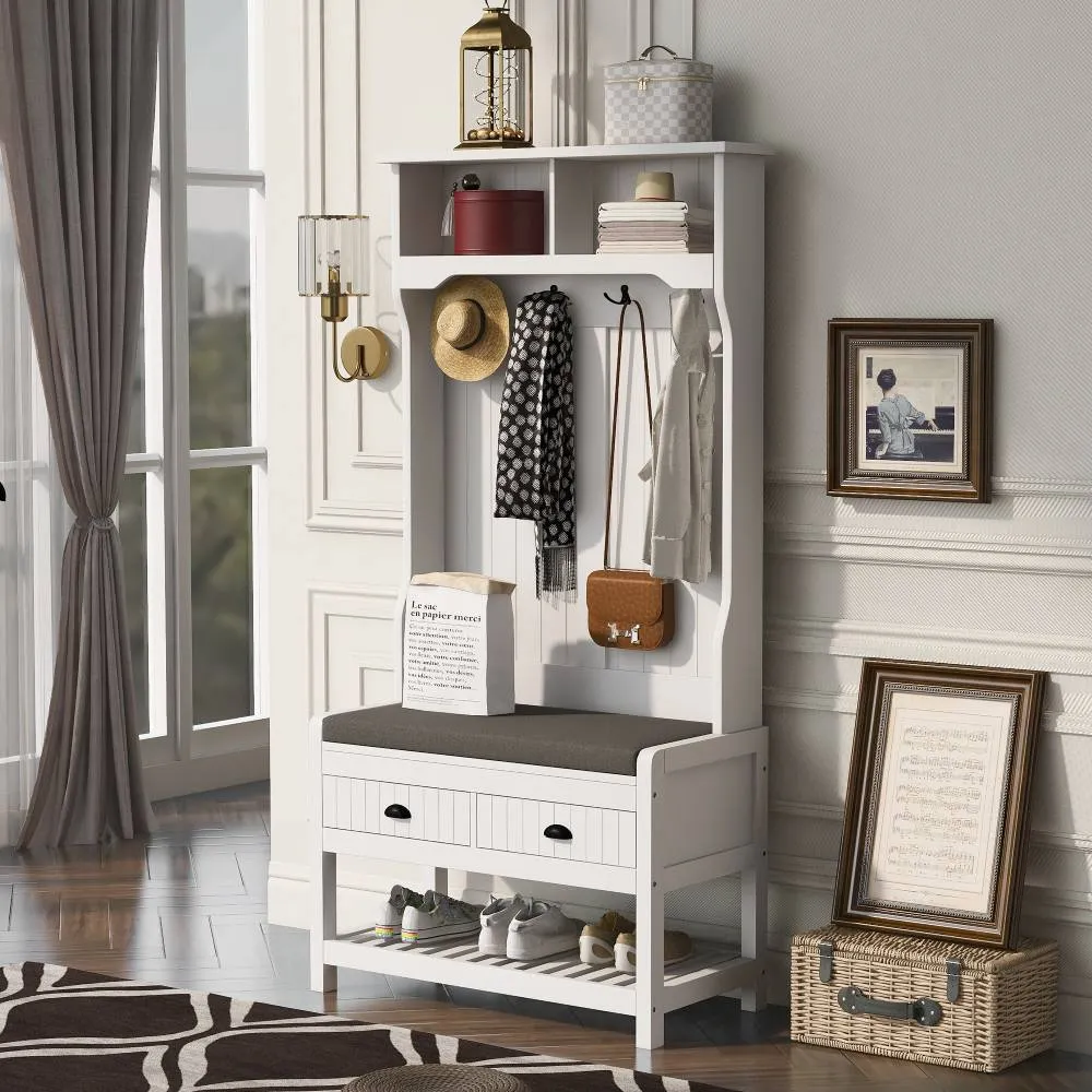 Entryway Hall Tree with Coat Rack & Shoe Bench / 3-in-1 Storage Bench with 2 Drawers, 4 Hooks & Shoe Storage Shelves
