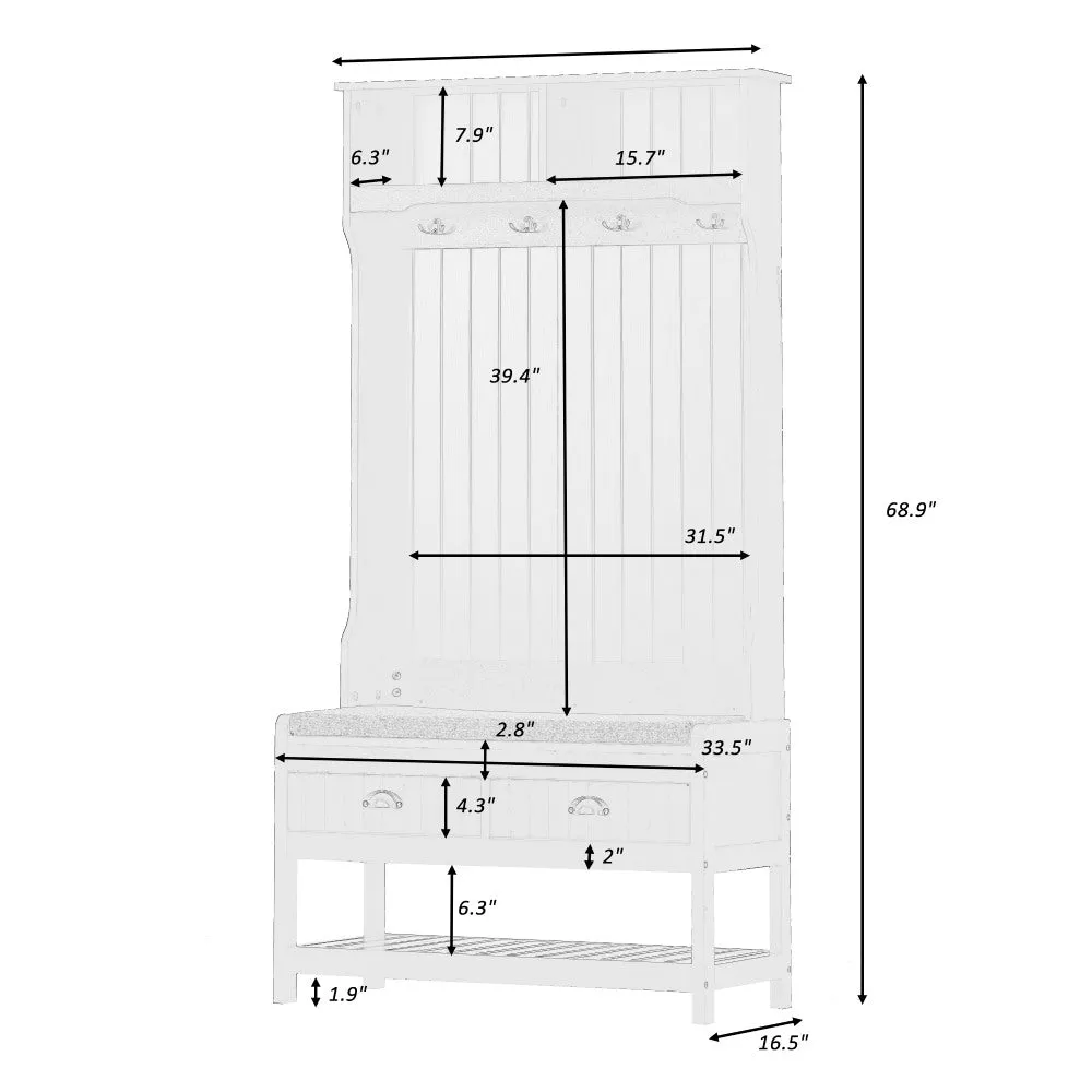 Entryway Hall Tree with Coat Rack & Shoe Bench / 3-in-1 Storage Bench with 2 Drawers, 4 Hooks & Shoe Storage Shelves