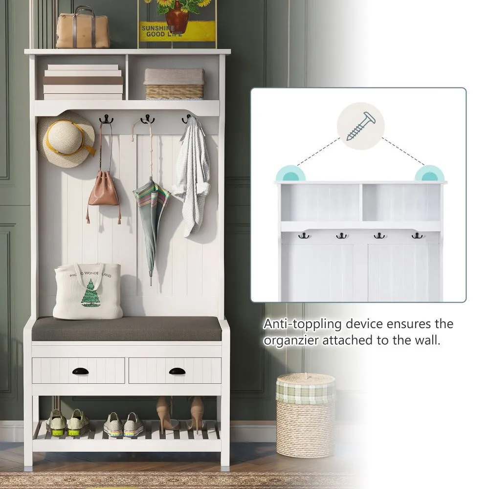 Entryway Hall Tree with Coat Rack & Shoe Bench / 3-in-1 Storage Bench with 2 Drawers, 4 Hooks & Shoe Storage Shelves